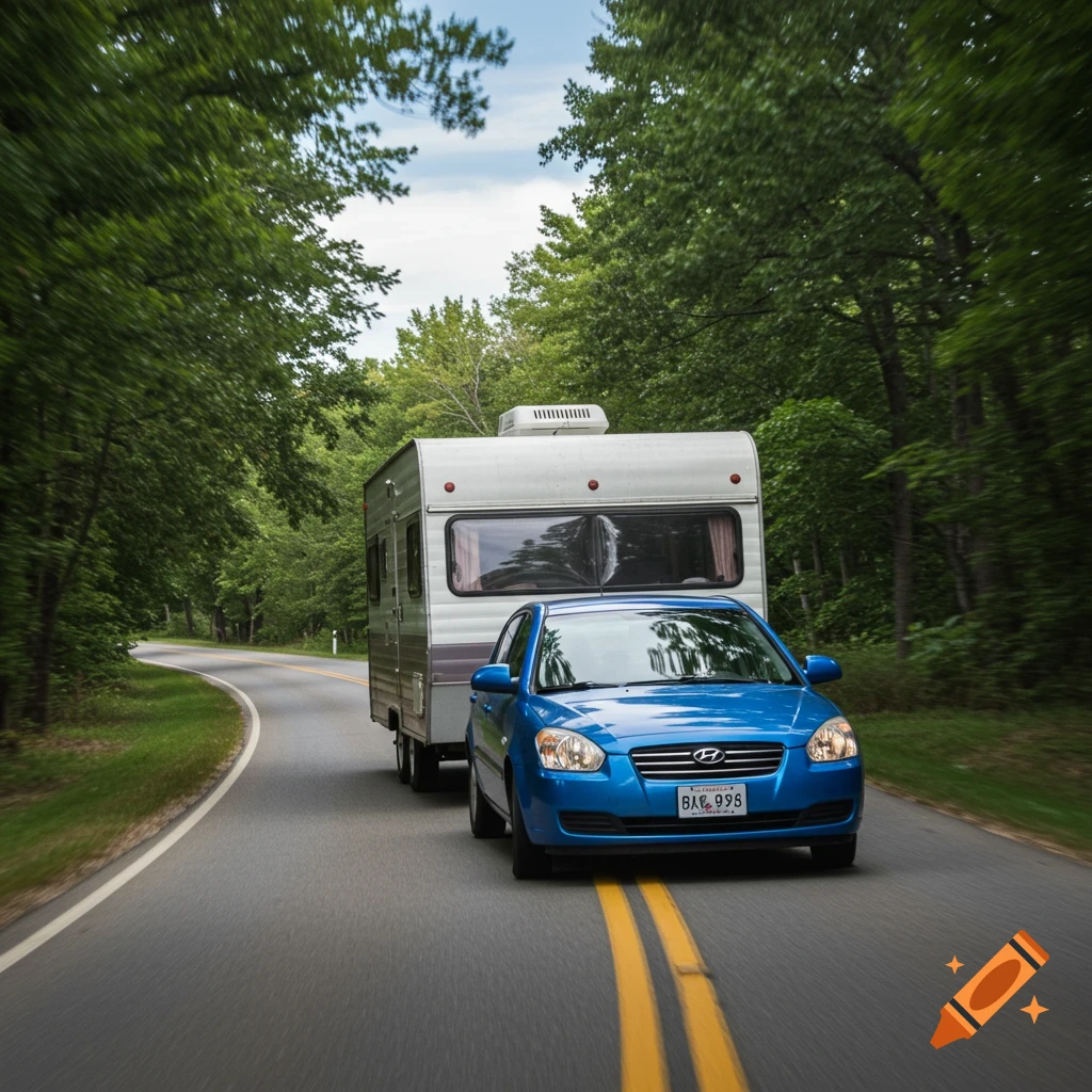 A blue Hyundai Accent car towing a white trailer on a winding road through a forest.