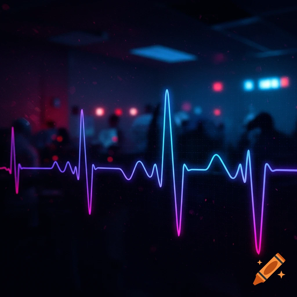 A glowing purple and blue ECG heart rhythm line over a dark, blurry background.