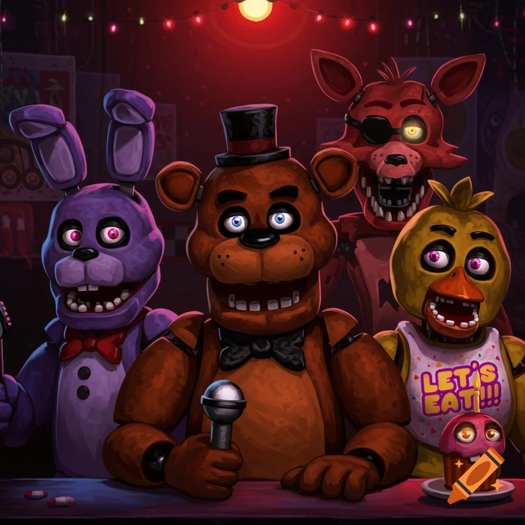 The Five Nights at Freddy's animatronics Freddy, Bonnie, Chica, and Foxy are on a stage.