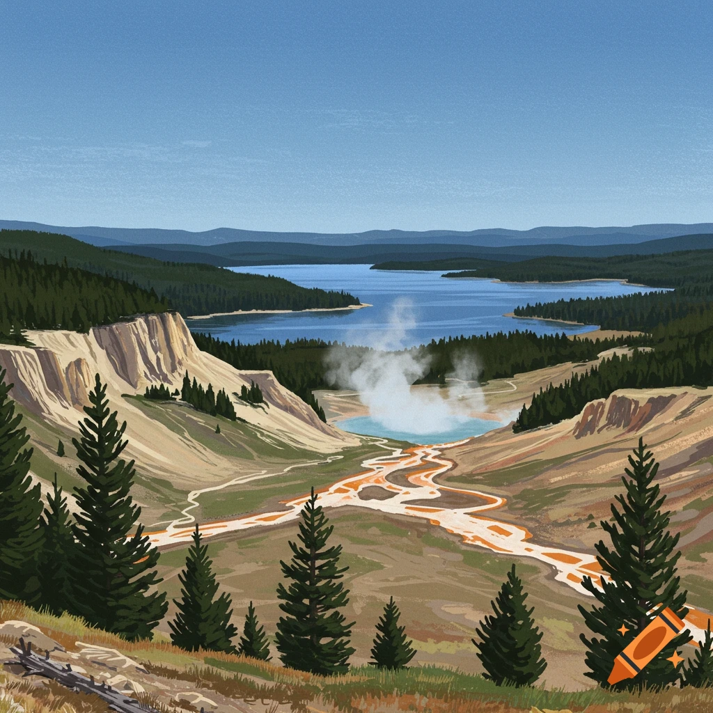 A landscape with a geyser, hot springs river, lake, mountains, and trees.