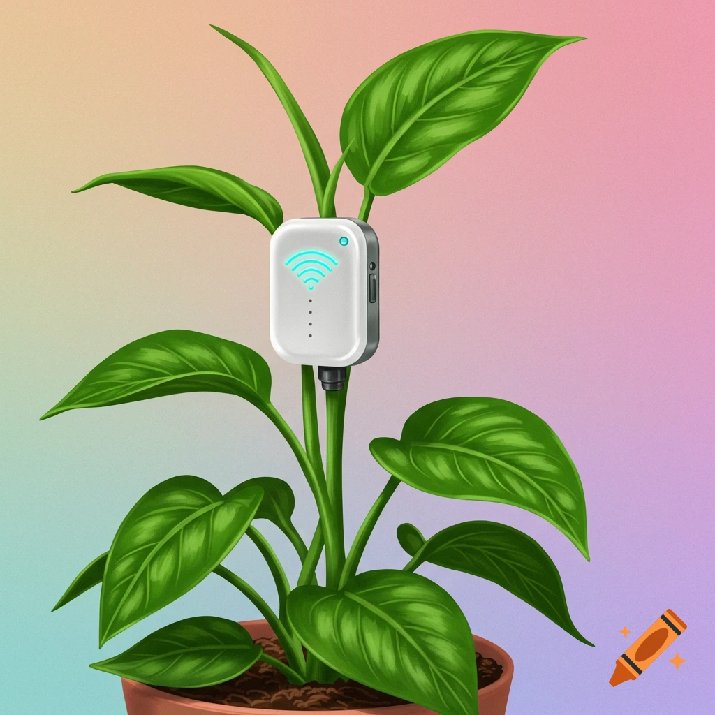 A green plant in a pot with a white smart sensor attached to its stem.