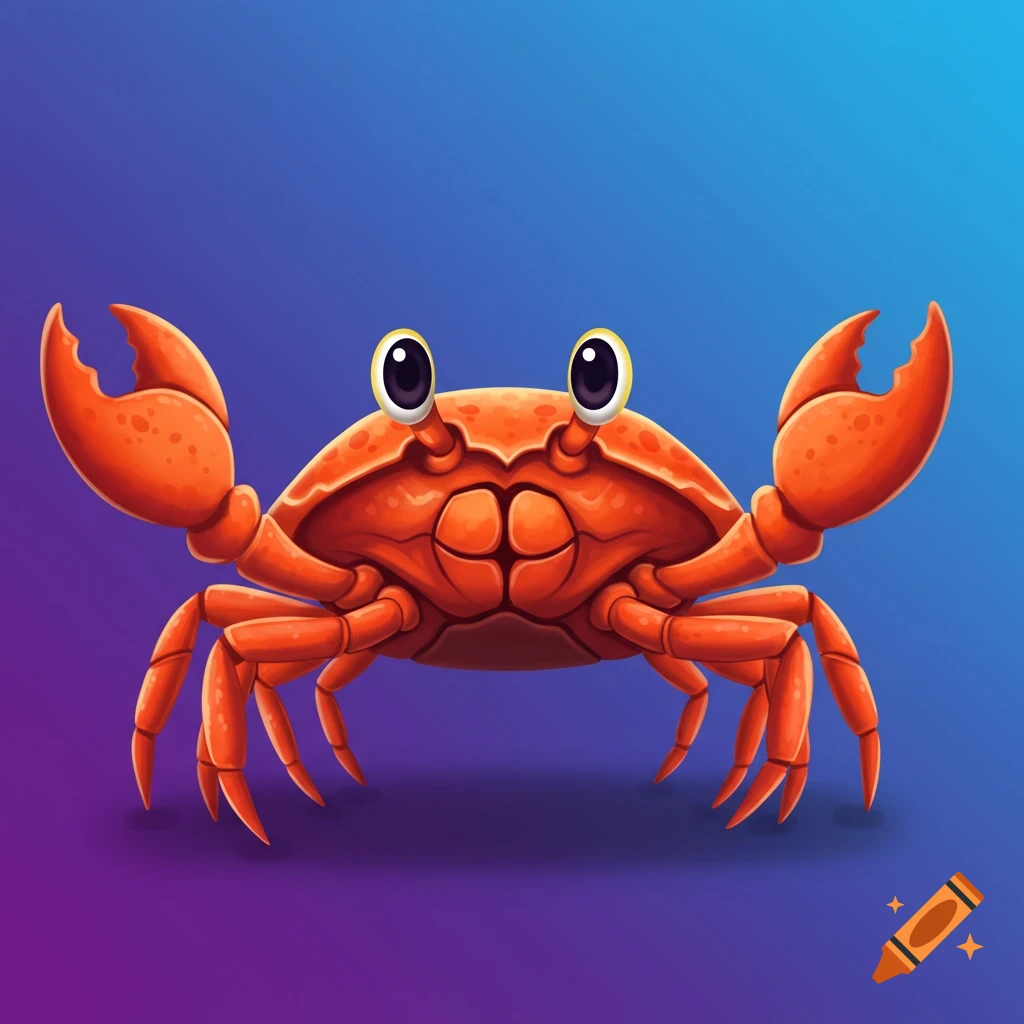 A cute cartoon orange crab with big eyes stands against a blue and purple gradient background.