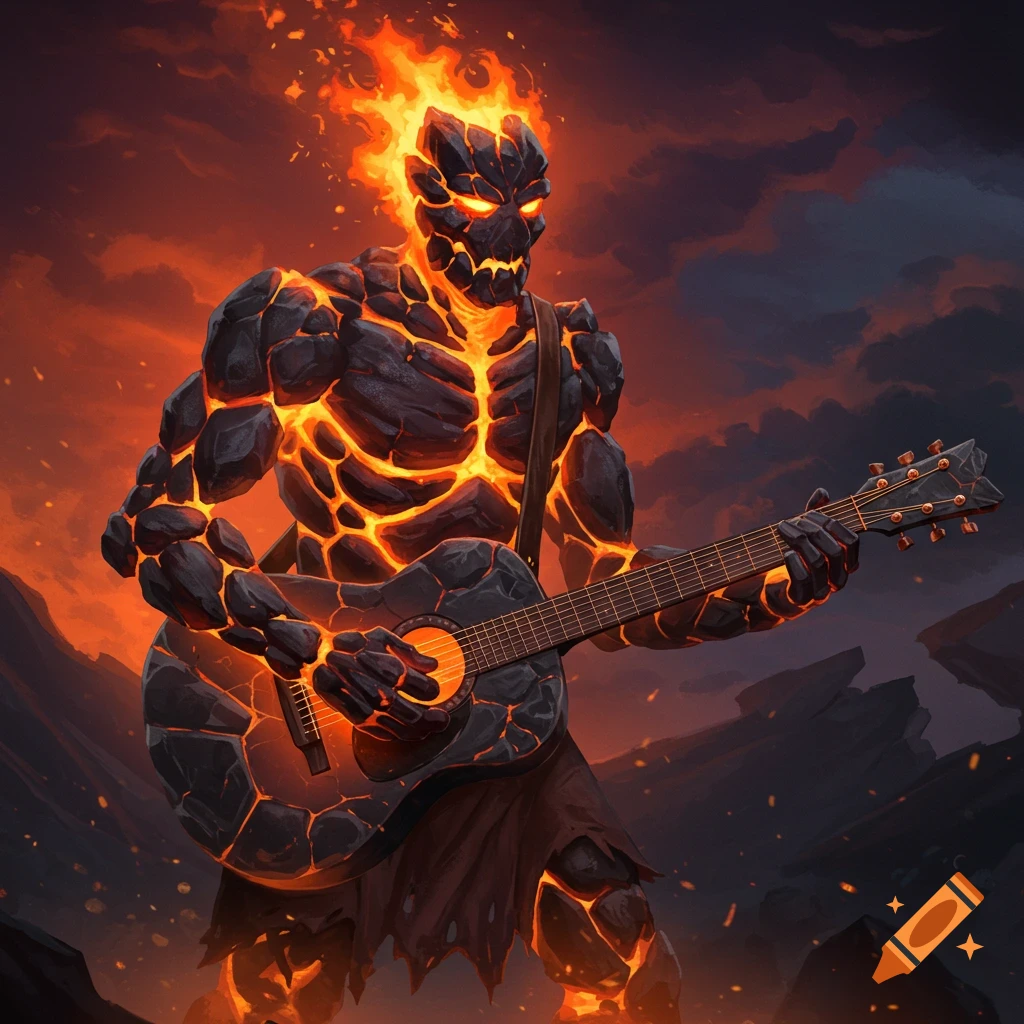 A lava creature with glowing cracks is playing an acoustic guitar in a volcanic landscape.