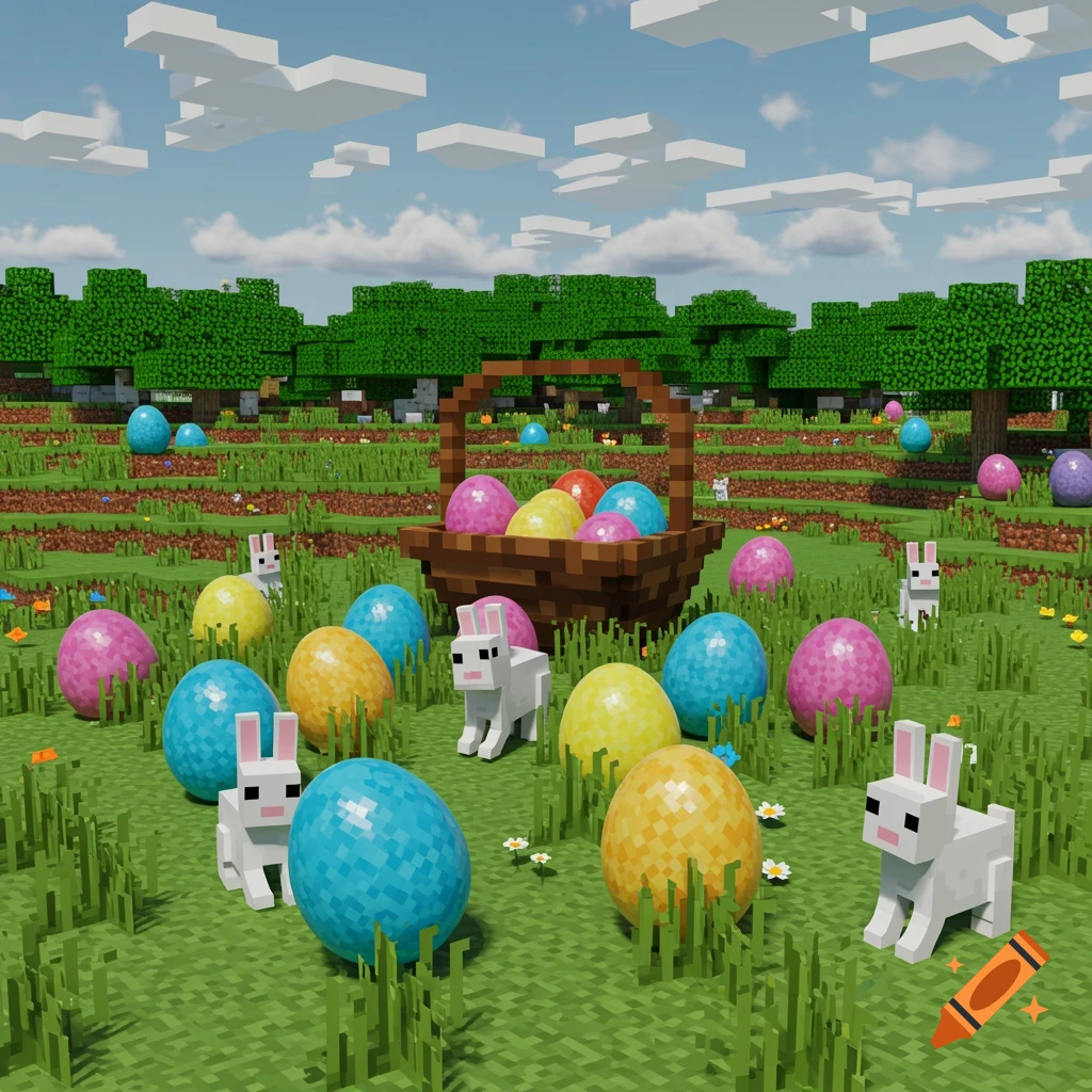 Minecraft-style Easter scene with basket, colorful eggs, and rabbits in a field