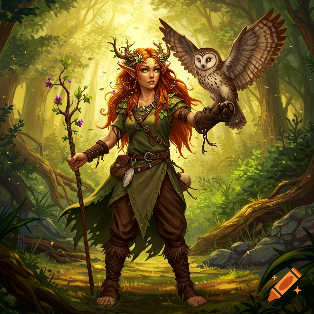 A female fantasy druid with red hair and antlers, holding a staff and an owl on her arm, in a sunny forest.