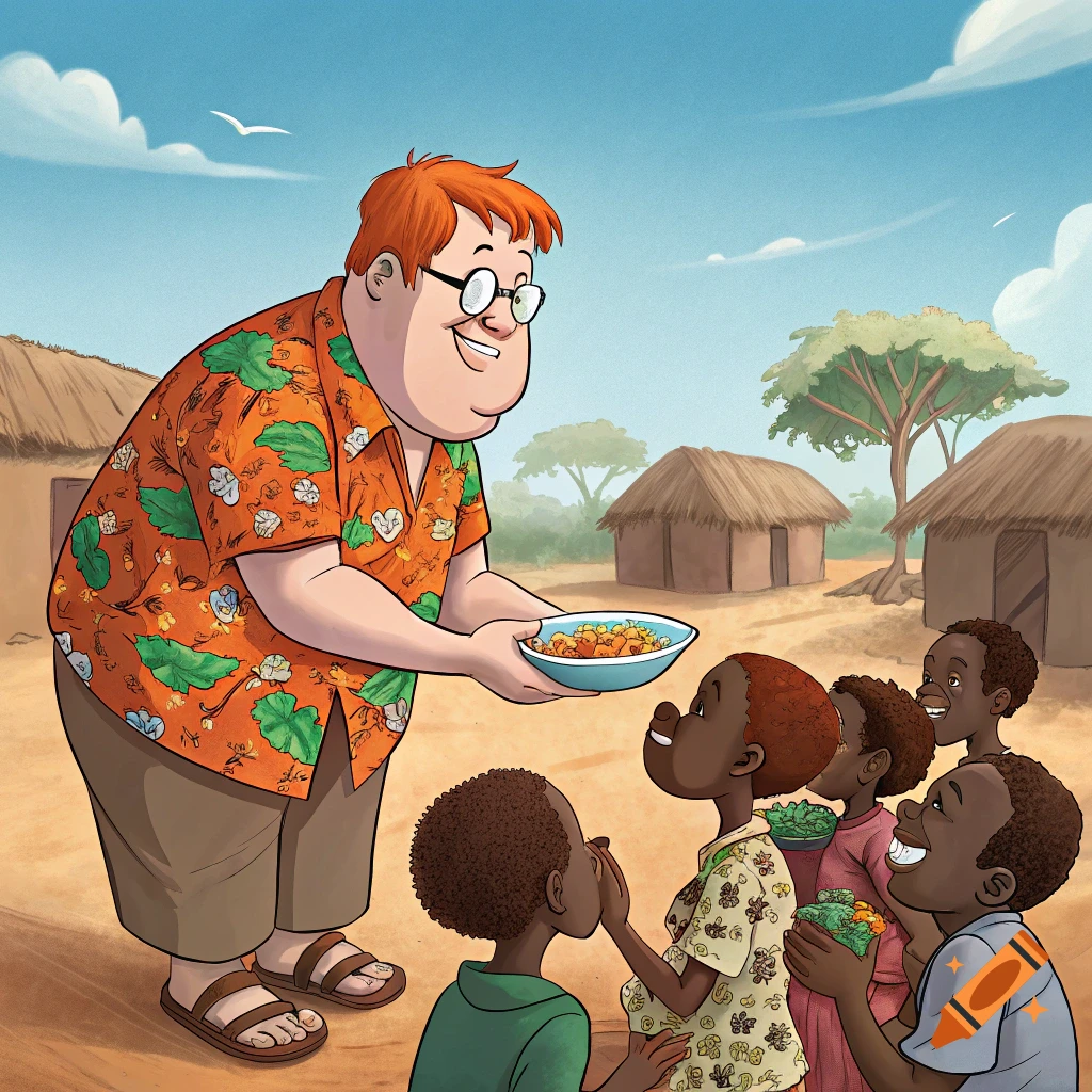 Cartoon man feeding children in a village.