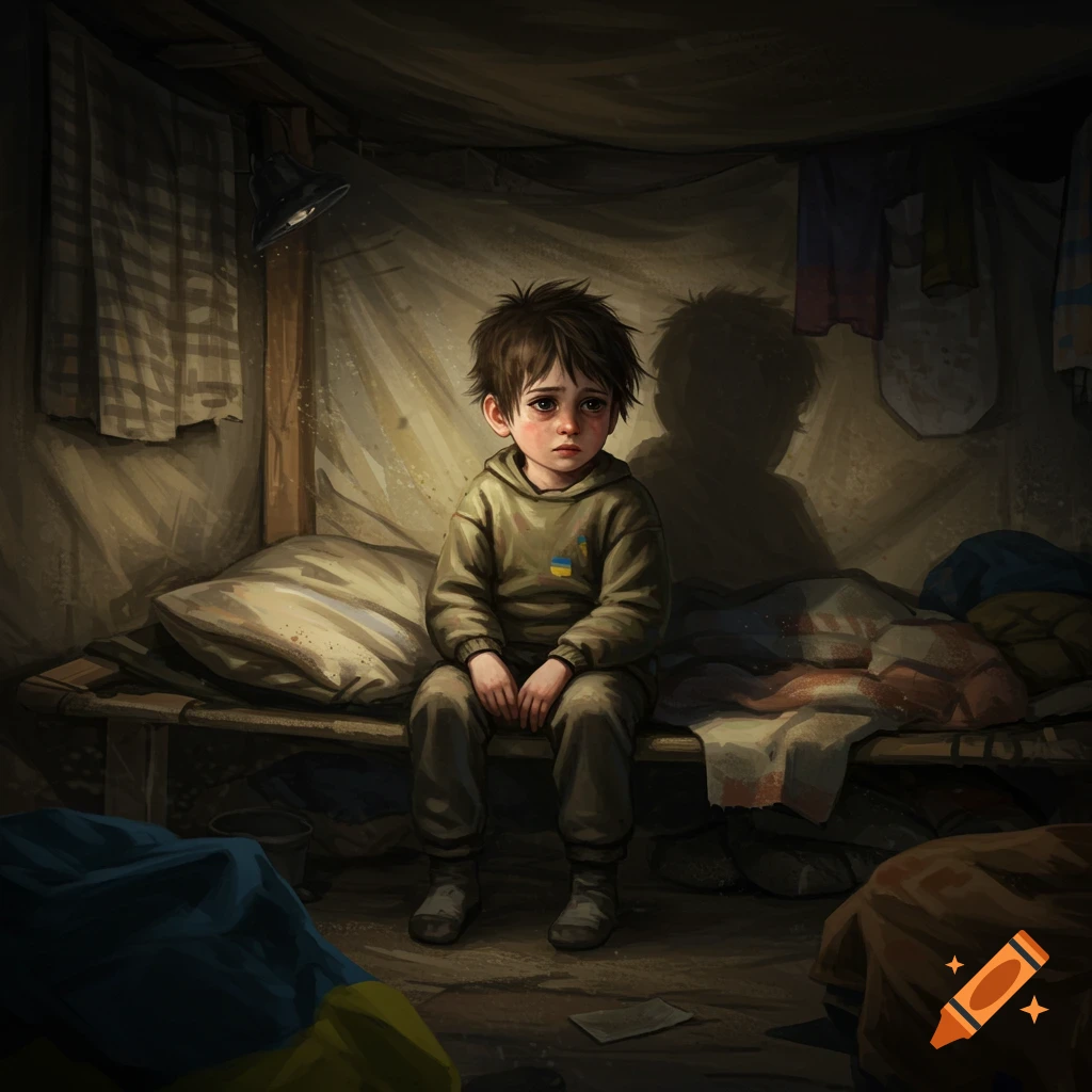 A sad child sits on a cot in a dark shelter.