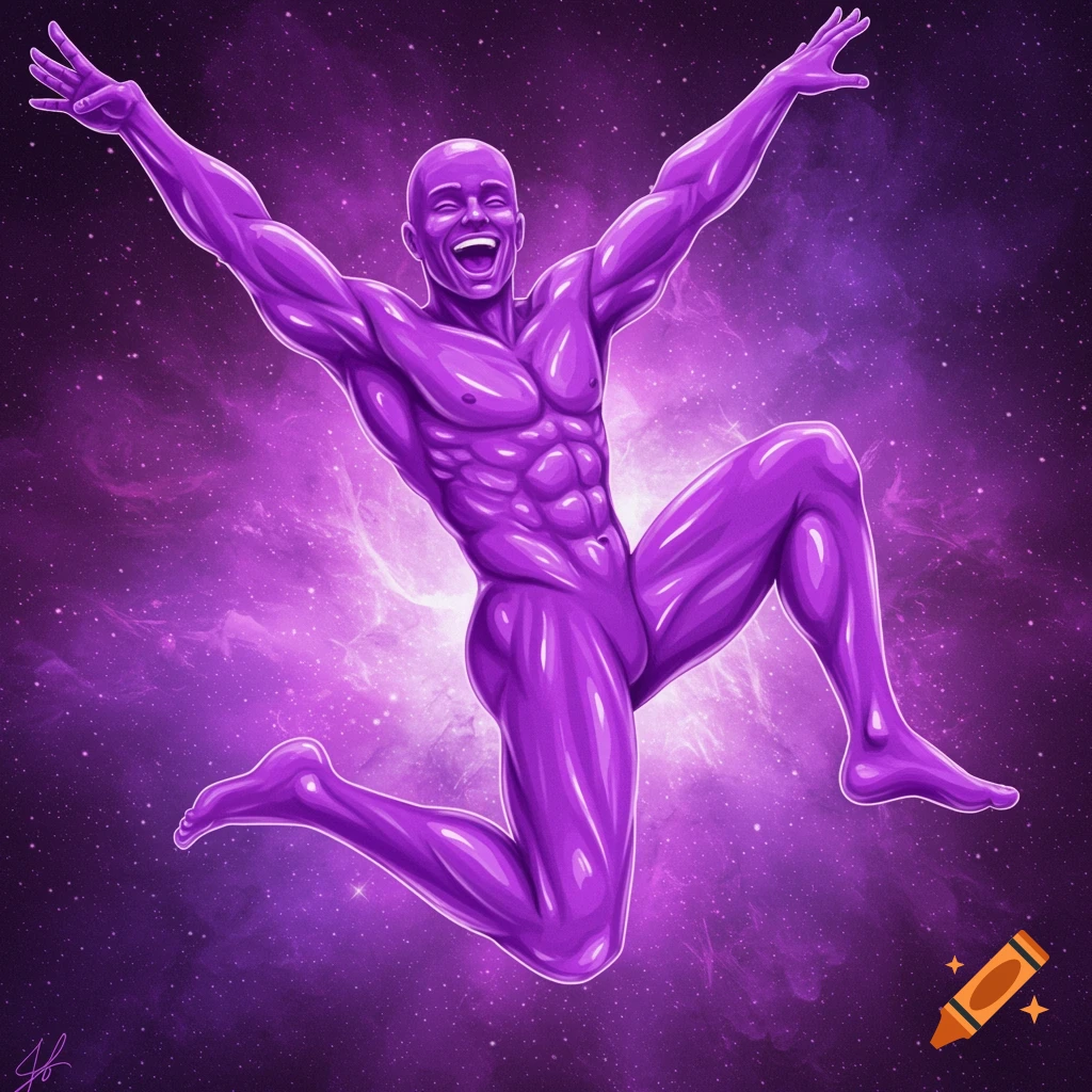 Purple muscular man leaps joyfully in a cosmic nebula, digital art