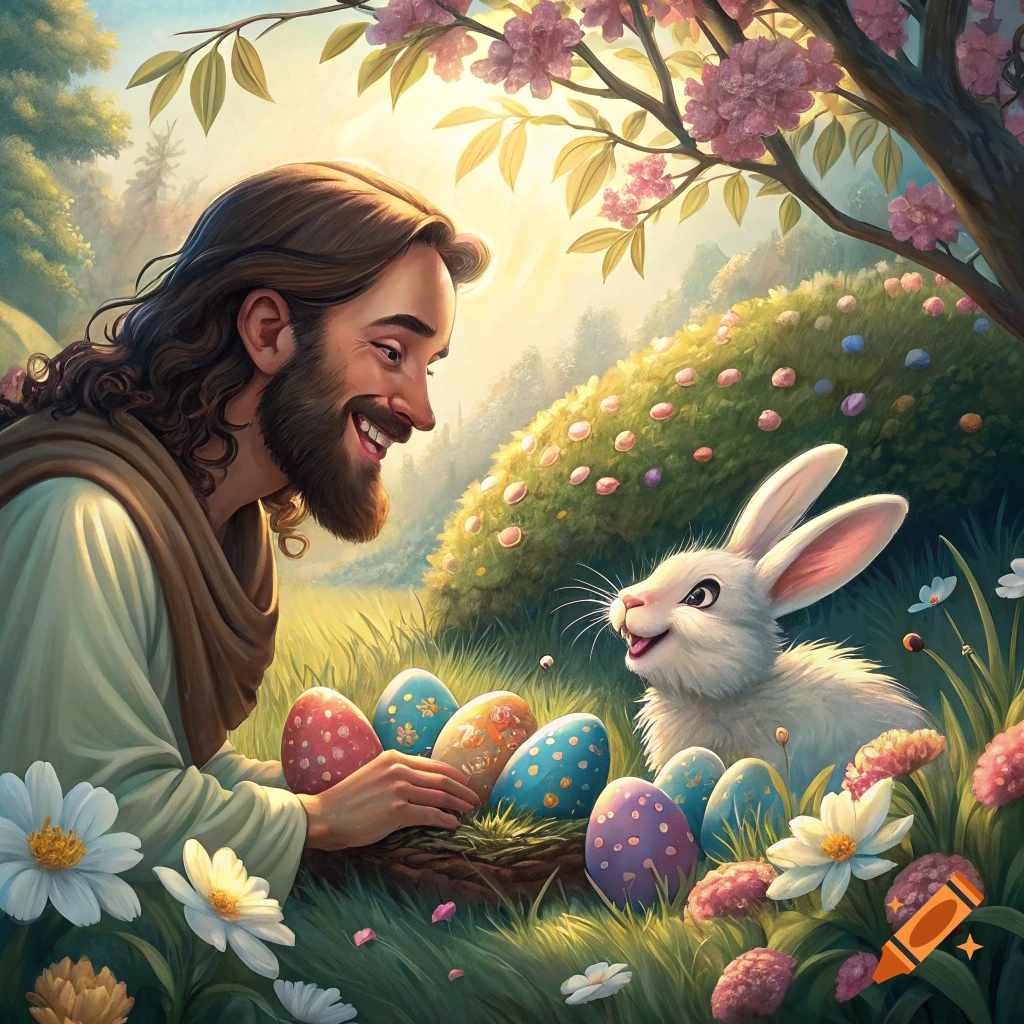 Jesus smiling at the Easter Bunny next to Easter eggs in a spring garden.