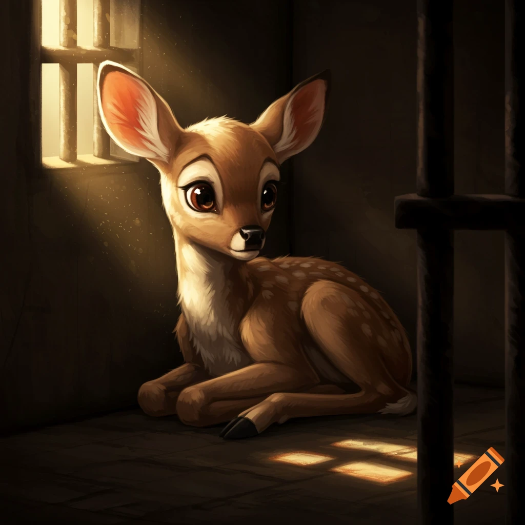 A young fawn with large eyes huddled in a dark jail cell.