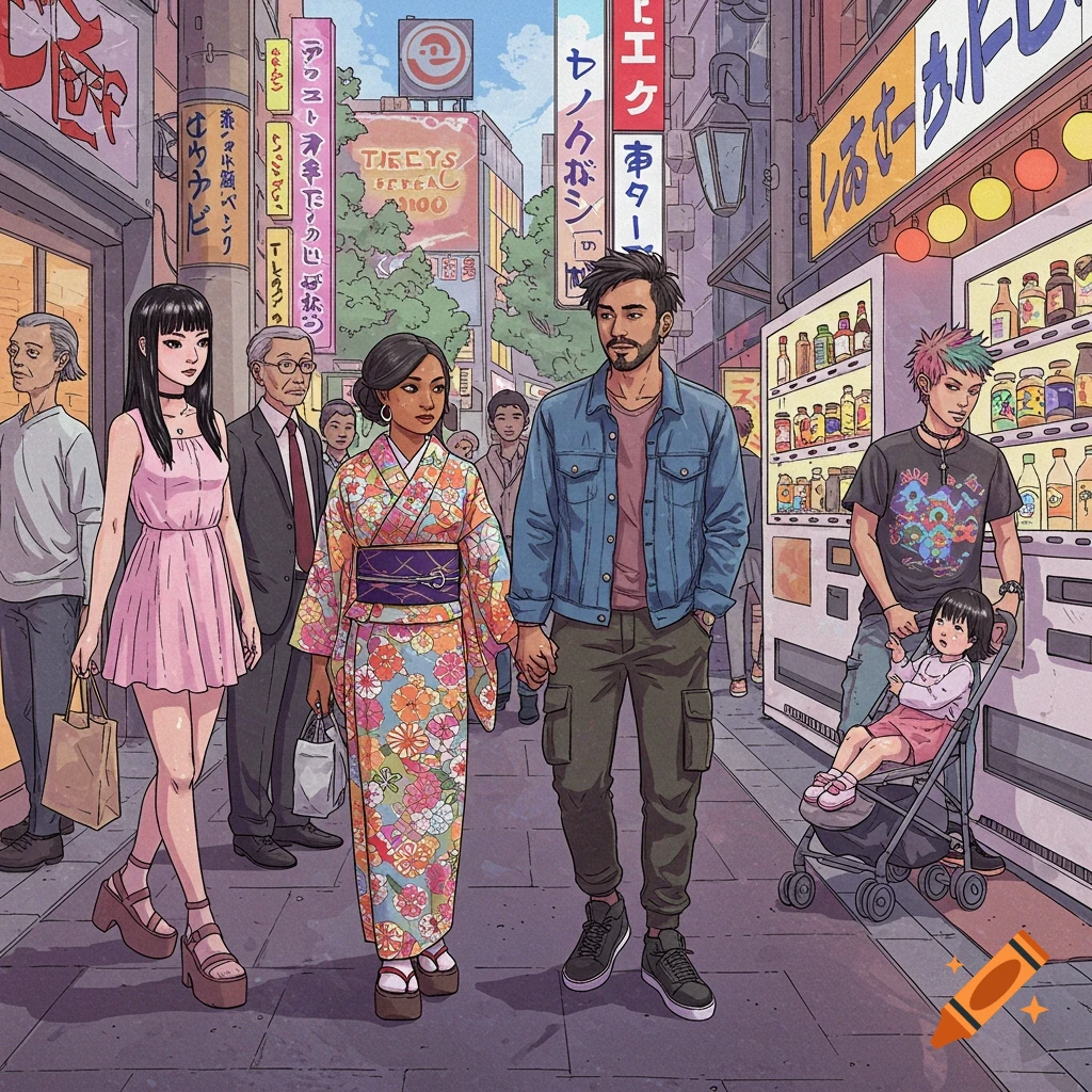 Diverse people walking on a busy street in Tokyo, with shops and vending machines.
