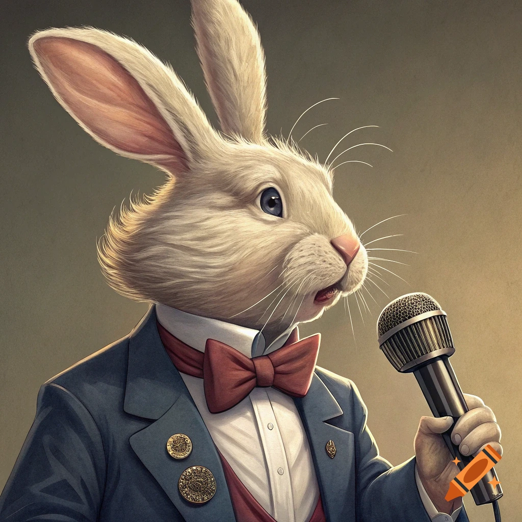 Portrait of an anthropomorphic rabbit in a suit and bow tie holding a microphone.