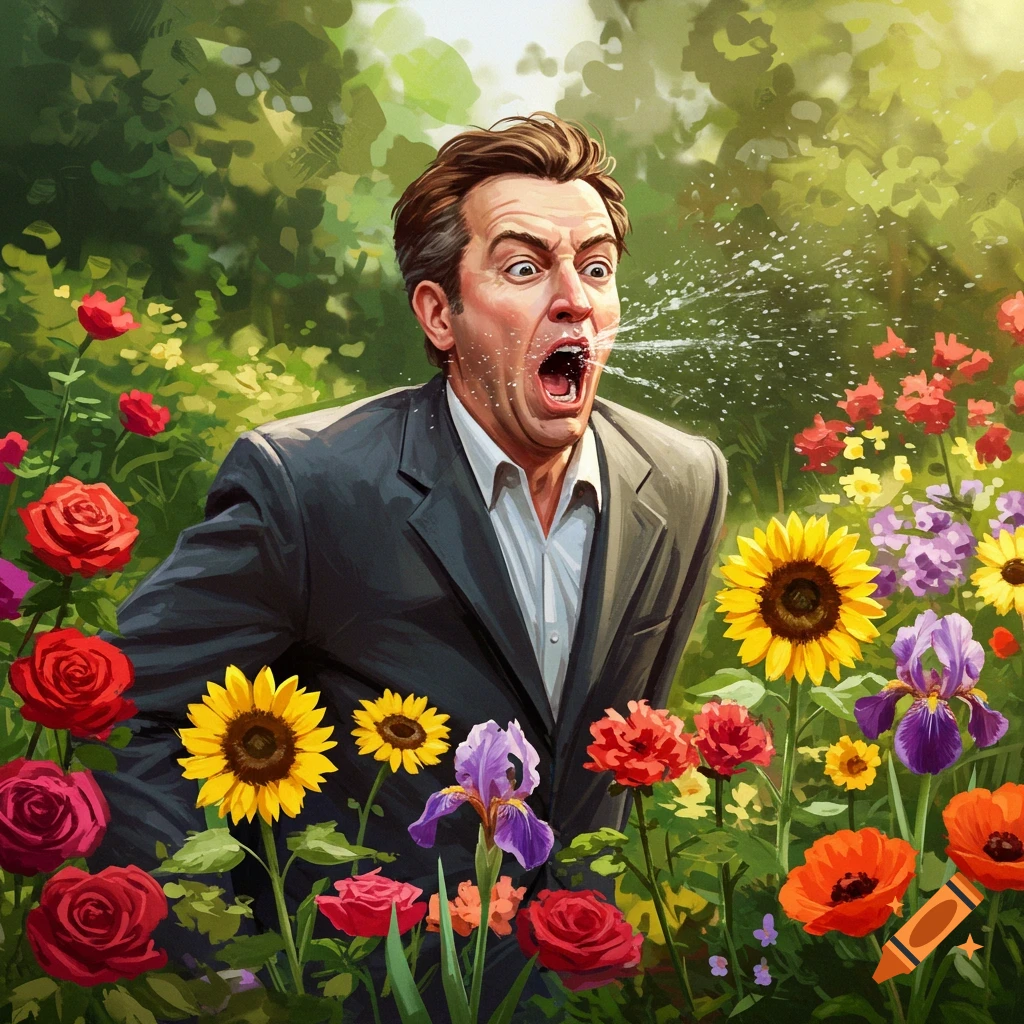 A man in a suit sneezes forcefully in a colorful flower garden