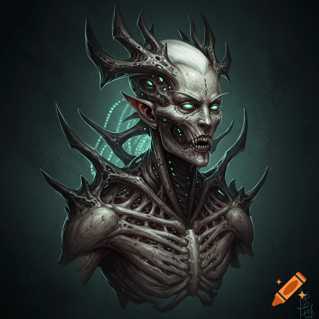 Bust of a dark, biomechanical creature with glowing eyes and spiky armor