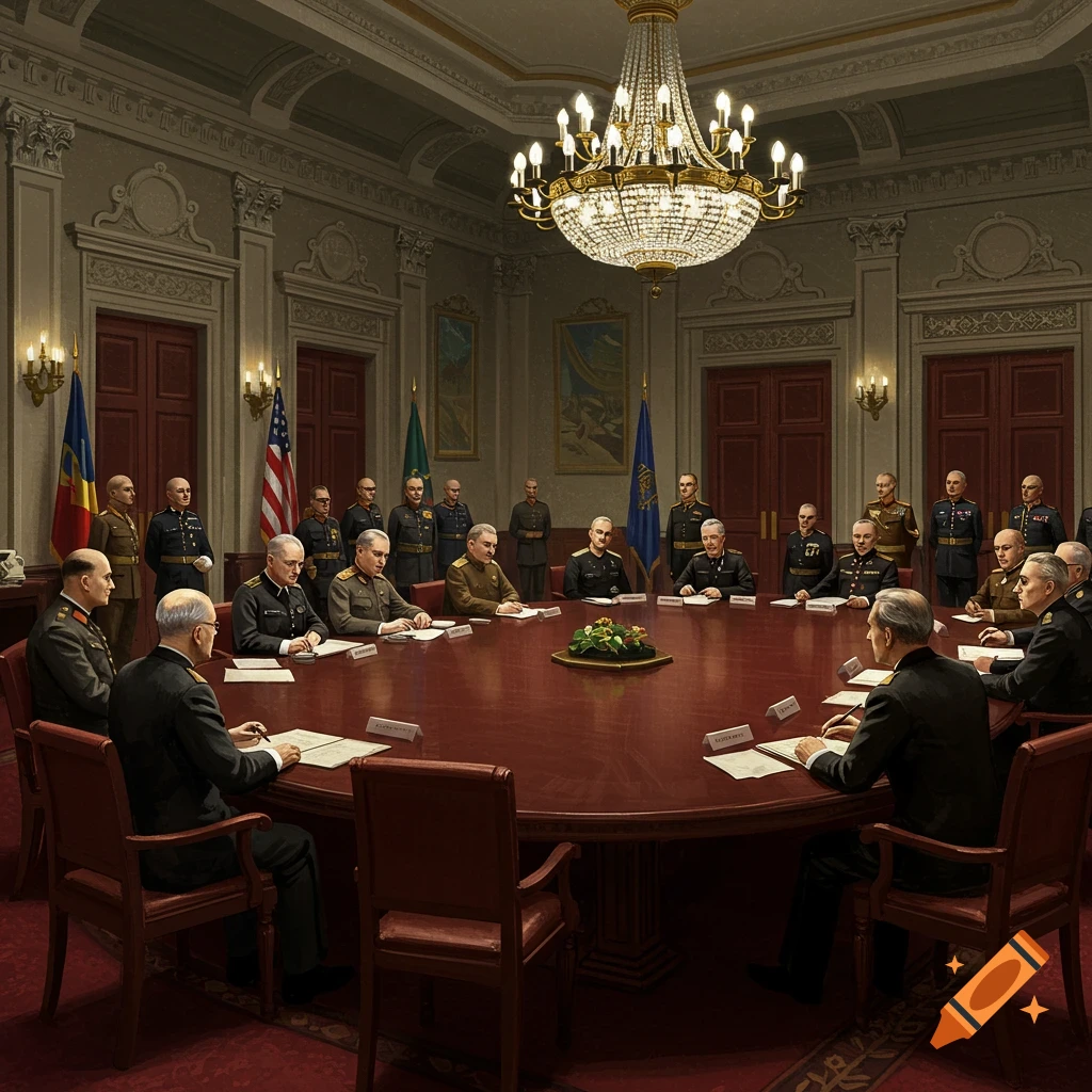 Military officers in a formal meeting around a large table