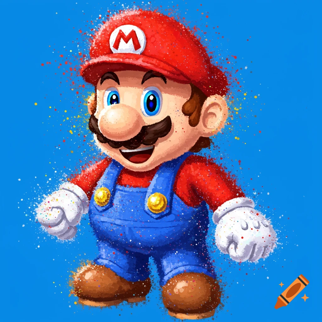 Mario with colorful paint splatter on a blue background.