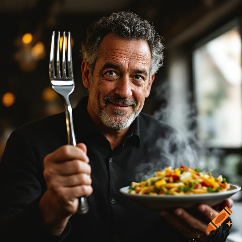 A man holds up a large fork and a steaming plate of pasta in a restaurant.