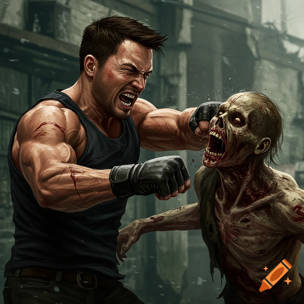 A man punches a zombie in the face amidst ruins.