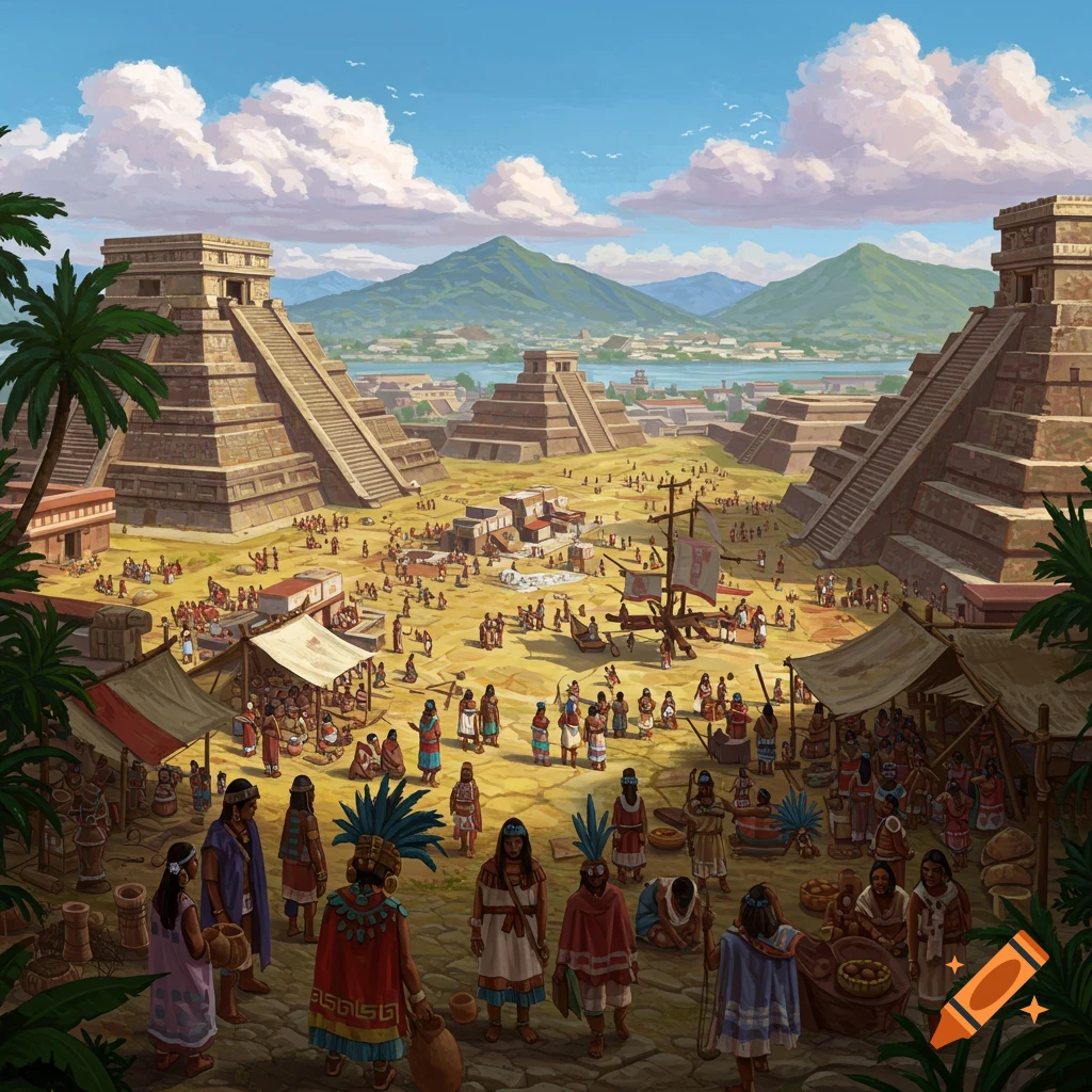 An Aztec city with pyramids, marketplace, and many people.