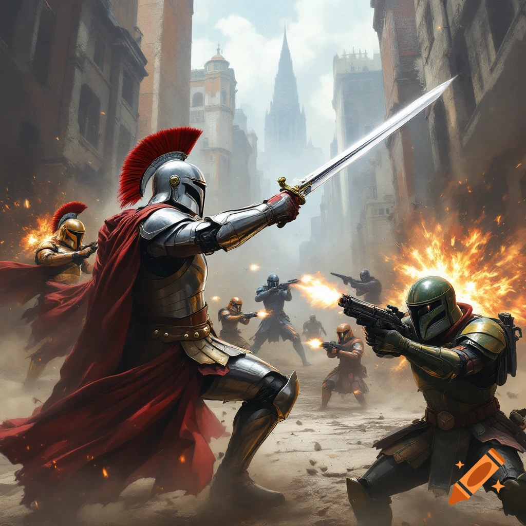 A battle scene between a knight and futuristic soldiers in a city street.
