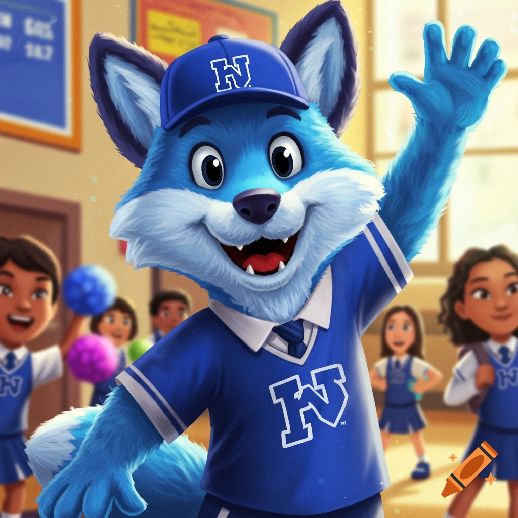 Picture of a blue fox school mascot waving in a classroom with children