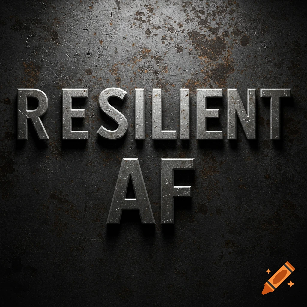 Metallic text 'RESILIENT AF' on a gritty rusty metal background.