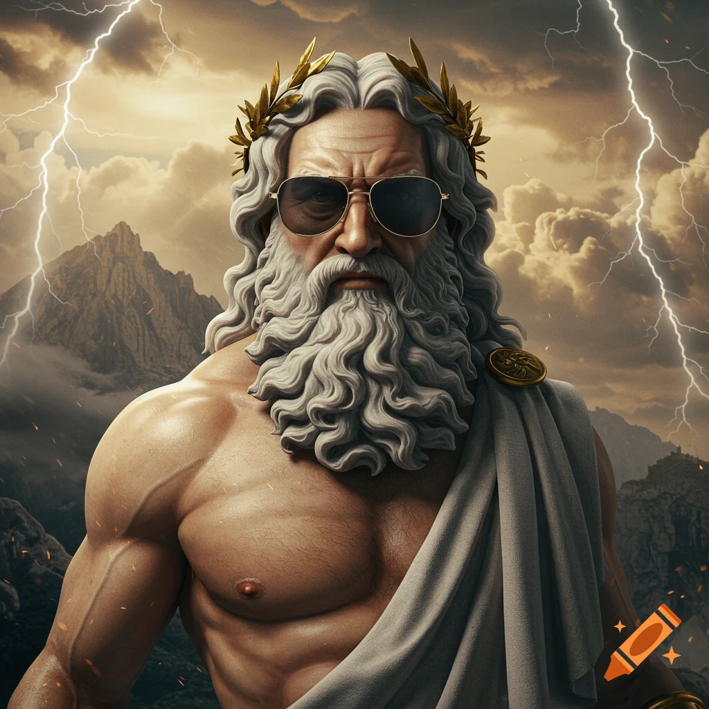 Powerful Zeus figure with sunglasses stands against a backdrop of lightning and mountains.