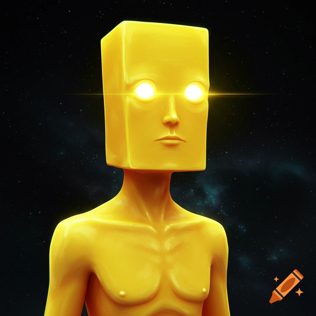 A yellow figure with a rectangular head and glowing eyes in space.
