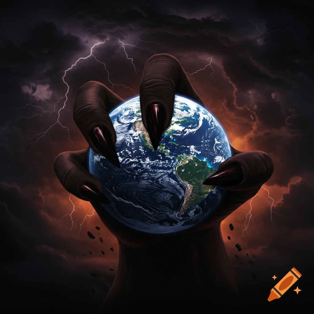 Monstrous hand with sharp claws gripping the Earth under a stormy sky with lightning.