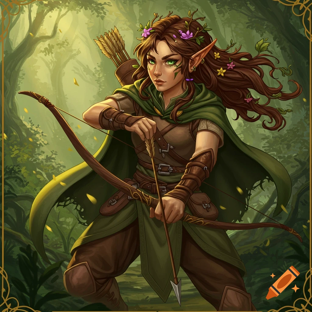 A female wood elf ranger with a bow in a forest.