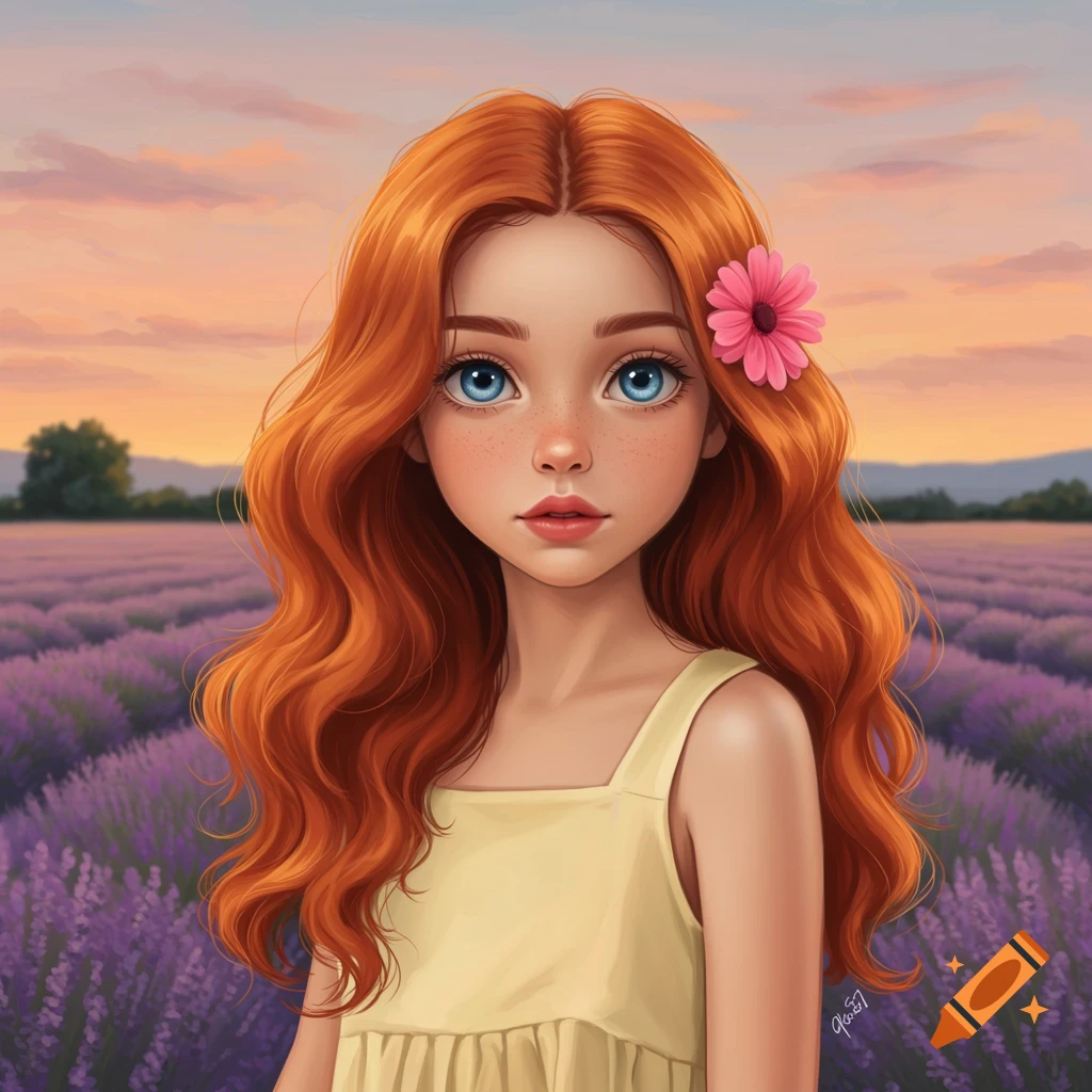 Red-haired girl in a lavender field at sunset.