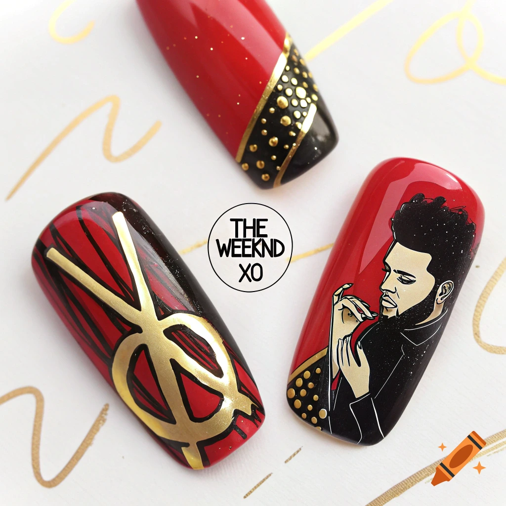 Three fake nails with red, black, and gold designs based on The Weeknd, including text, a symbol, and a portrait.