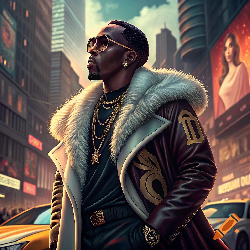 A man in sunglasses, gold chains, and a fur-trimmed leather coat stands on a city street.