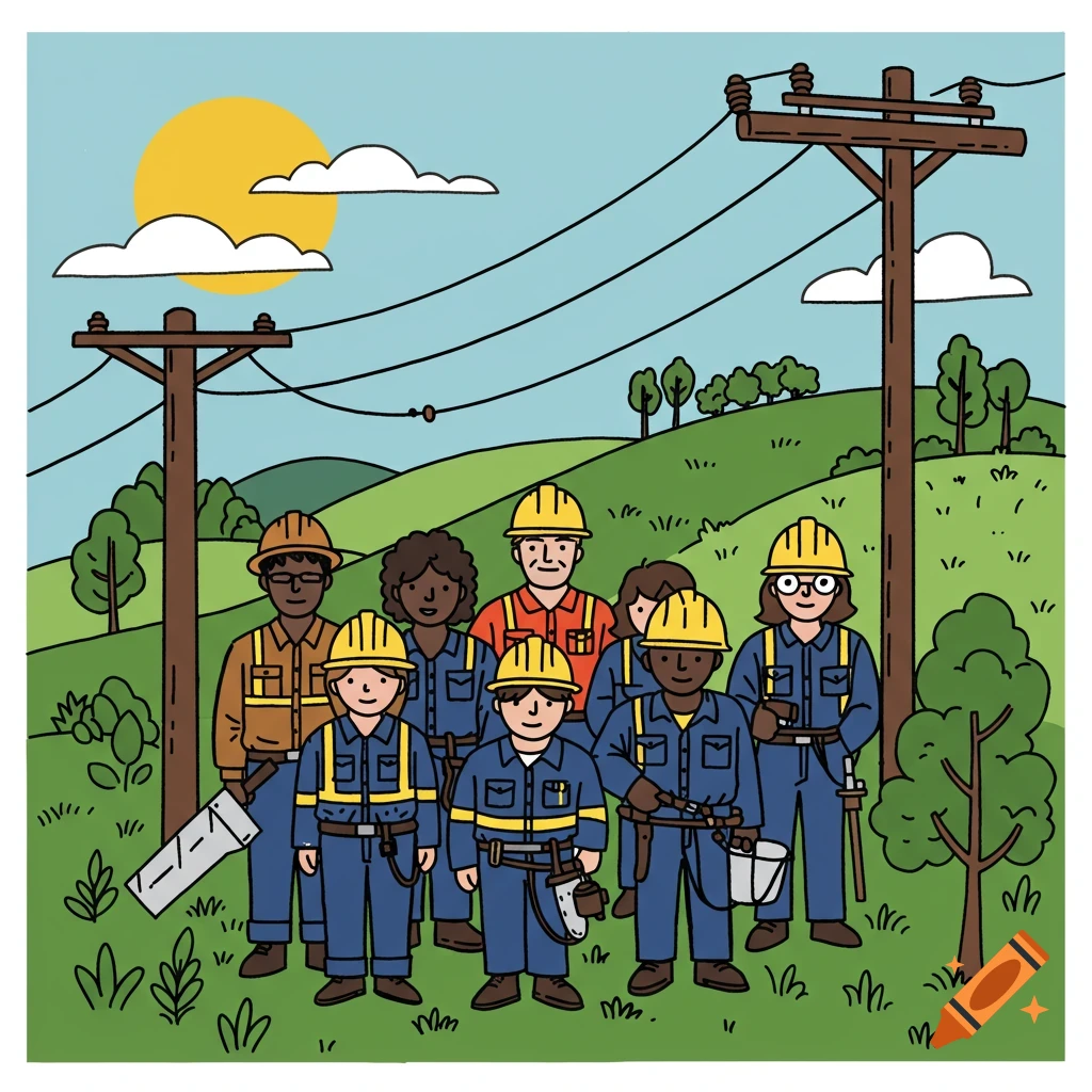 Illustration of diverse power workers near utility poles