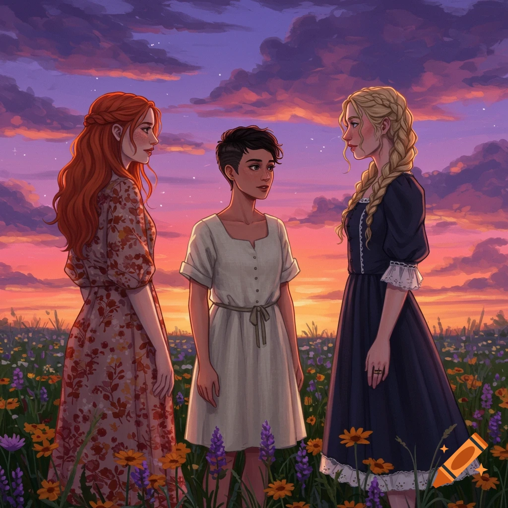Three women stand in a field of wildflowers under a vibrant sunset sky. Digital illustration.