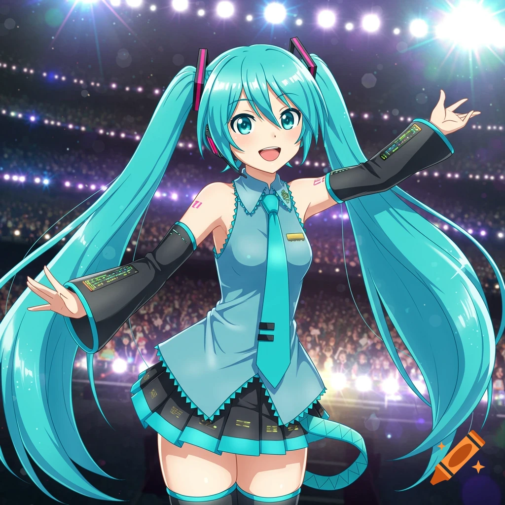 Hatsune Miku on stage performing at a concert, anime style.