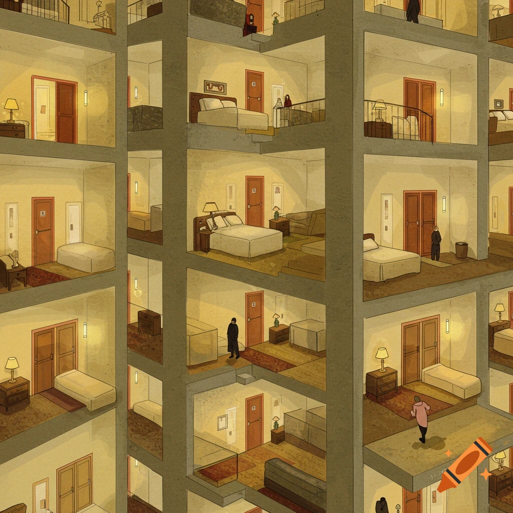 Vast, multi-story building showing cross-sections of many identical hotel rooms with people inside.