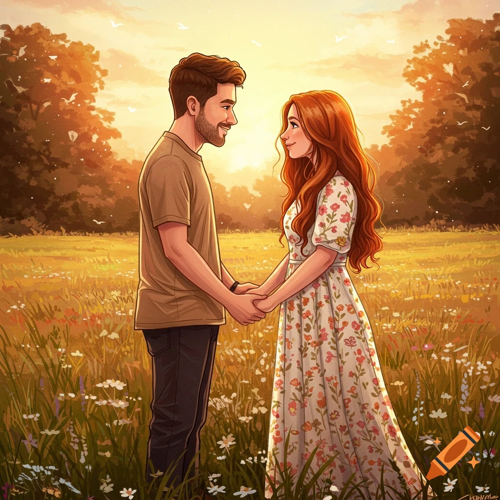 A couple holding hands in a field at sunset.