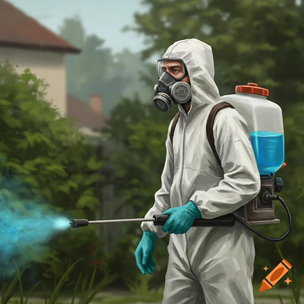 A person in a white hazmat suit, gas mask, and gloves sprays blue mist from a sprayer with a tank on their back.