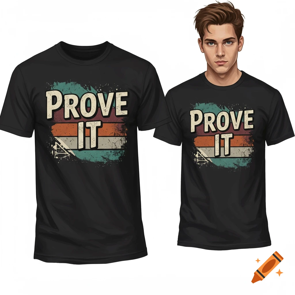 Two black t-shirts with vintage 'PROVE IT' design, one on a display and one worn by a man.