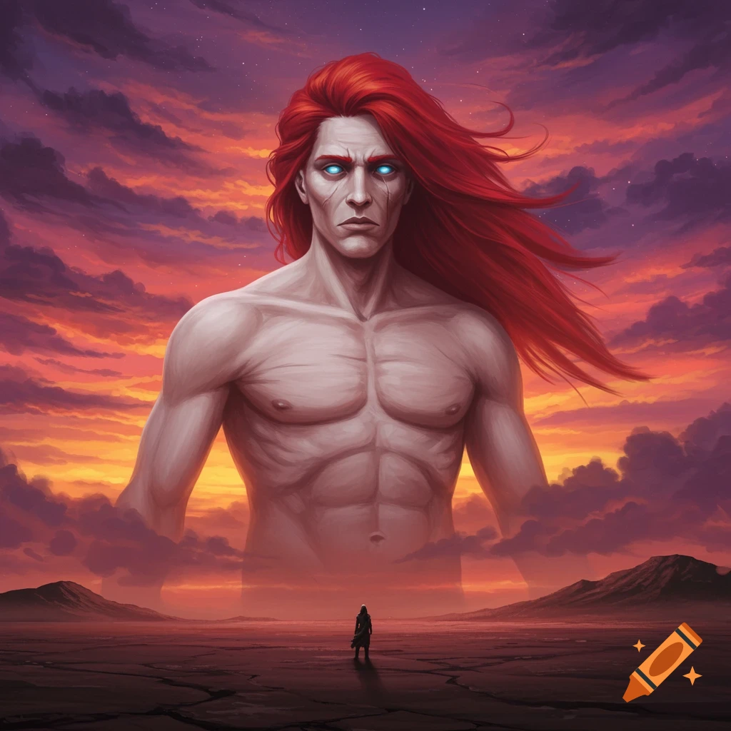 A colossal red-haired giant with blue eyes towers over a small figure in a barren landscape under a dramatic sunset sky.