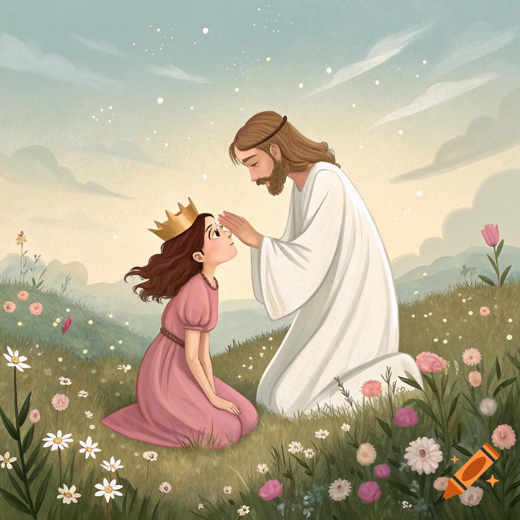 Illustration of Jesus kneeling with a girl in a flower field, placing his hand on her head.