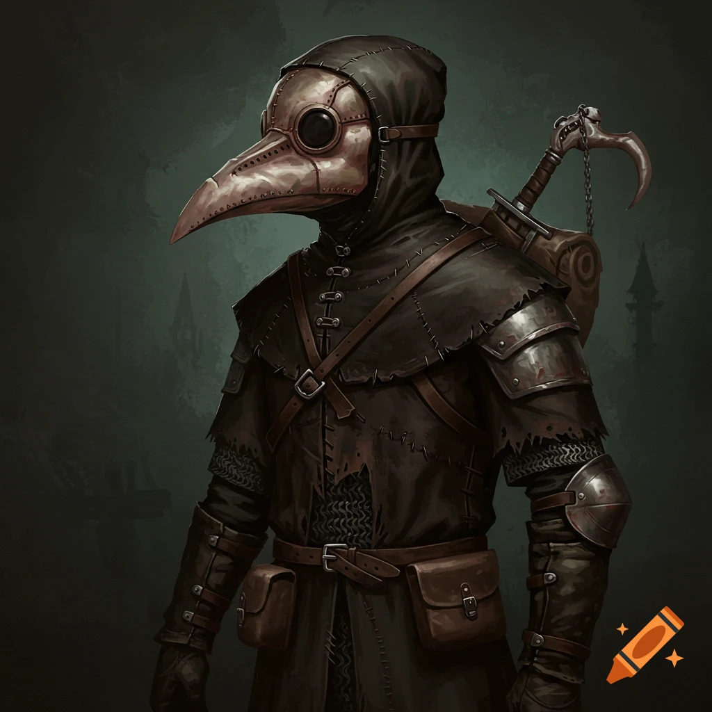 A plague doctor in worn leather and chainmail armor, carrying a backpack and hook.