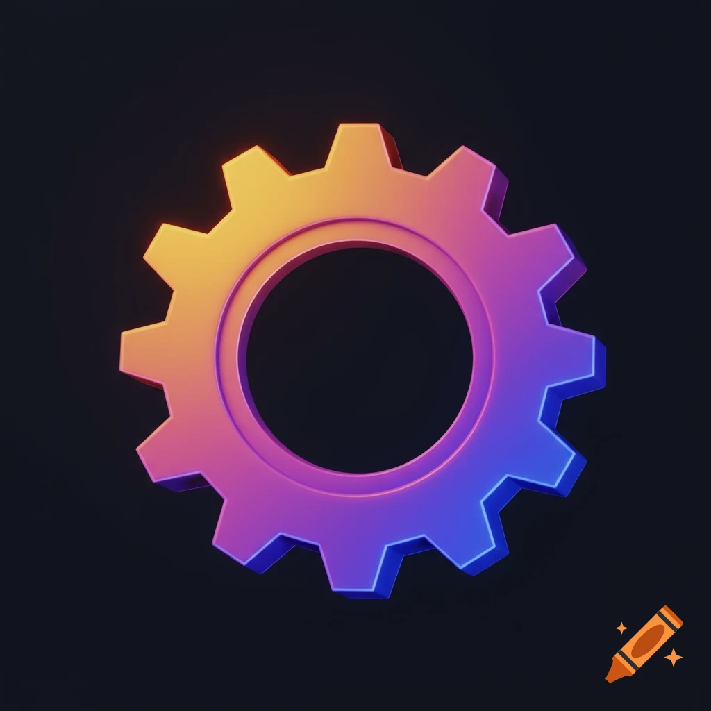 A colorful gradient gear icon on a dark background.