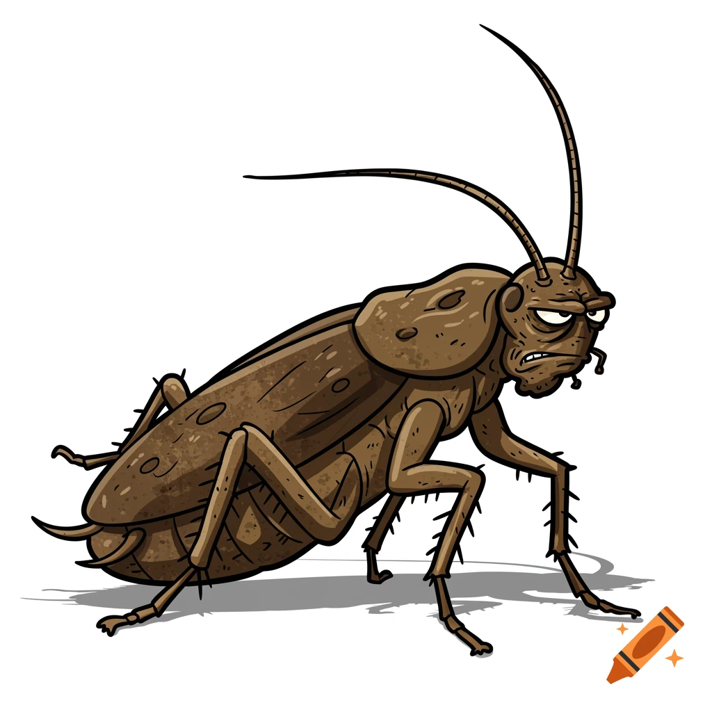 Cartoon illustration of an angry brown cockroach on a white background.