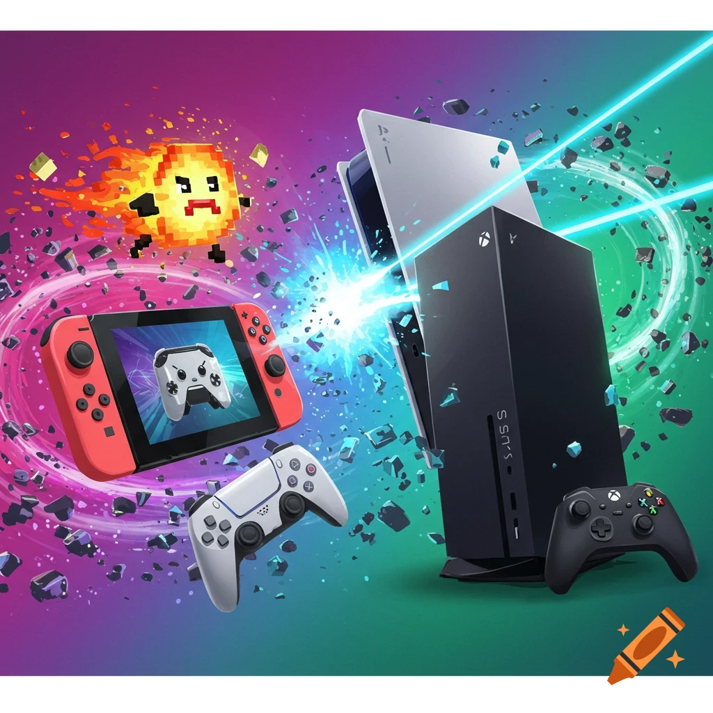 Gaming consoles and controllers explode in space with a pixel character.