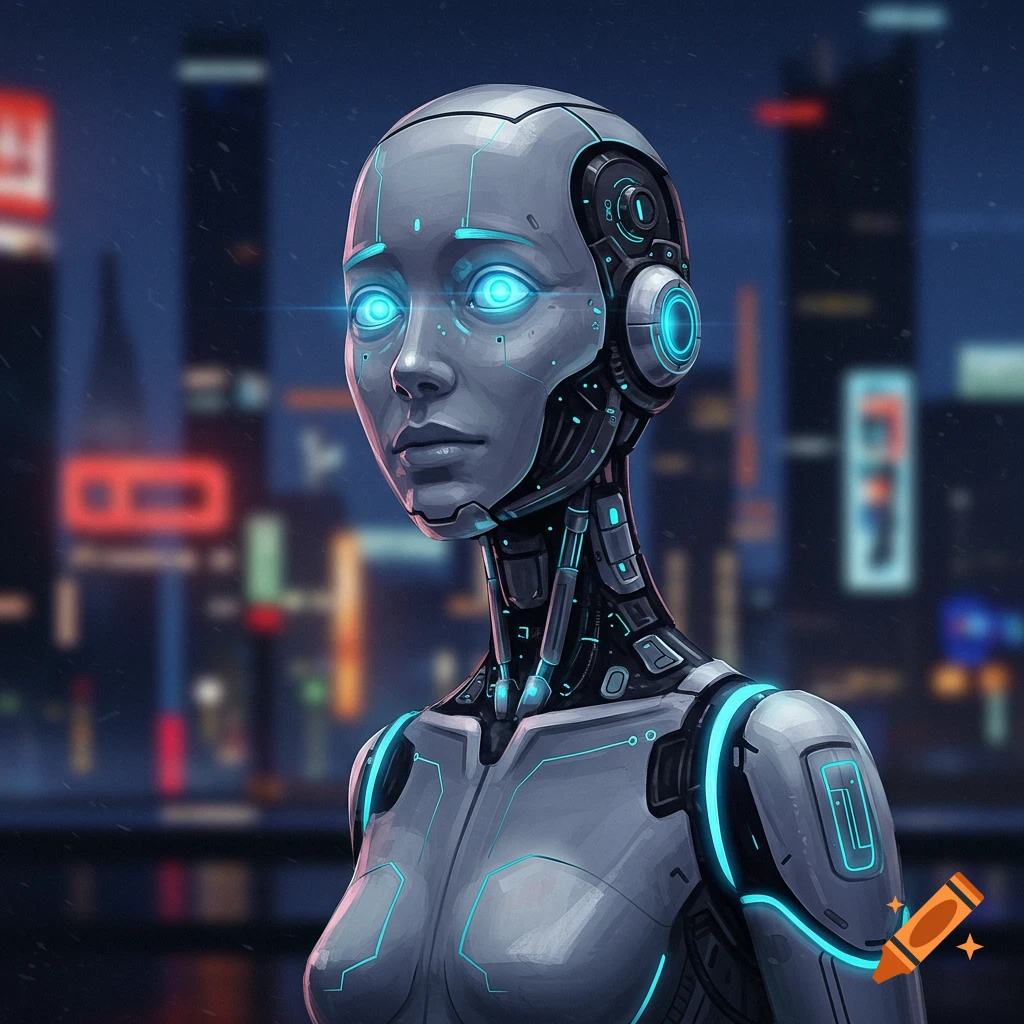 A futuristic robot head and shoulders with glowing blue eyes, against a blurred city background.