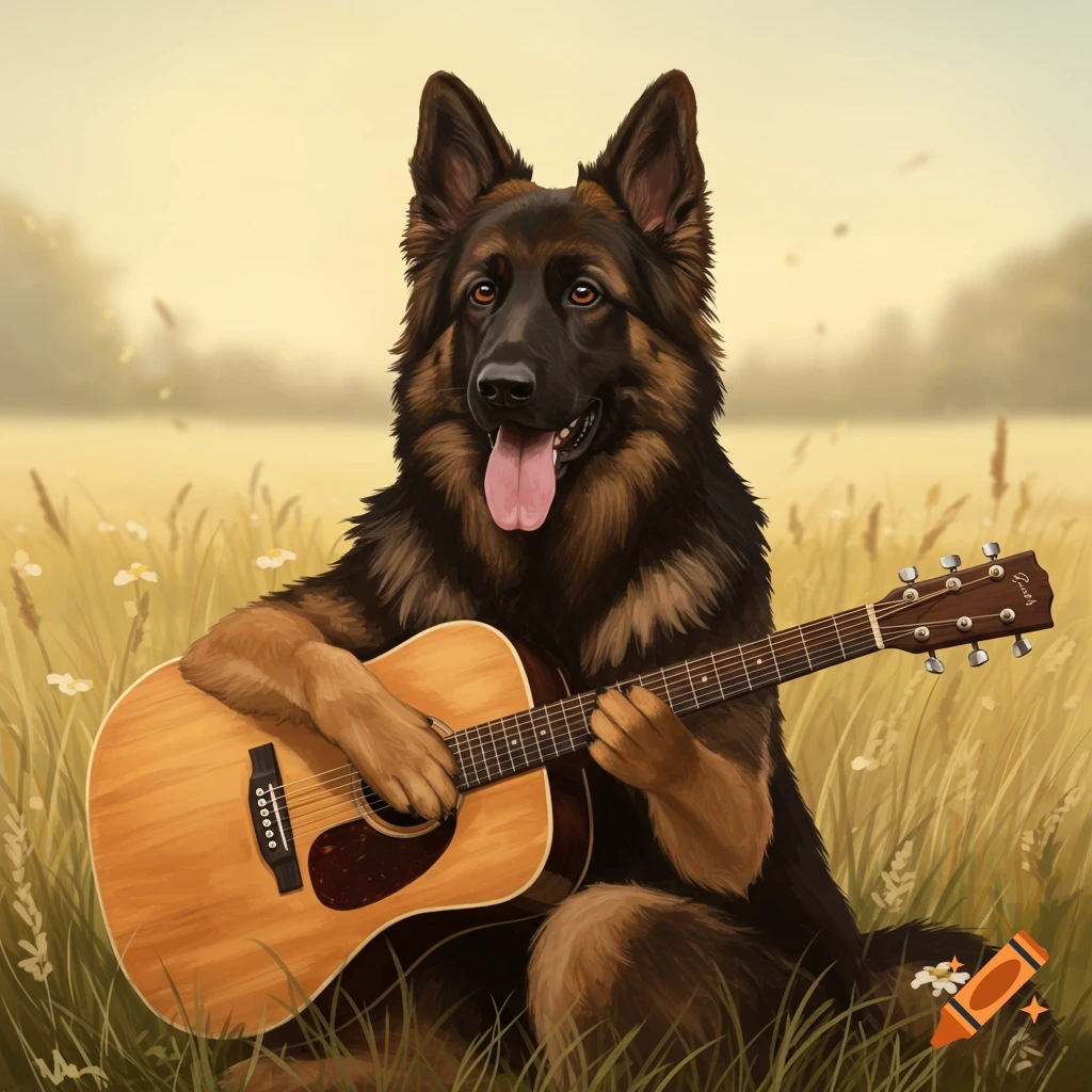 A German Shepherd dog playing an acoustic guitar in a grassy field.