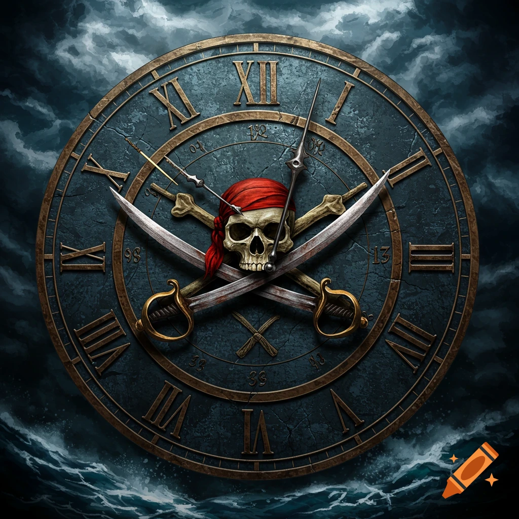A pirate clock face featuring a skull and crossbones formed from swords and bones, set against a backdrop of a stormy sky and sea.