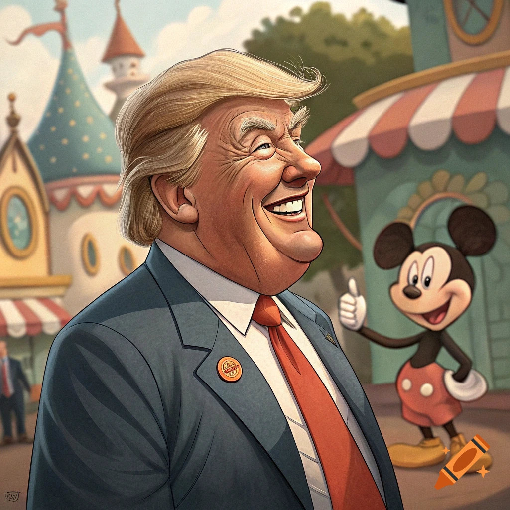Cartoon illustration of Donald Trump smiling in a suit next to Mickey Mouse giving a thumbs-up in a theme park.
